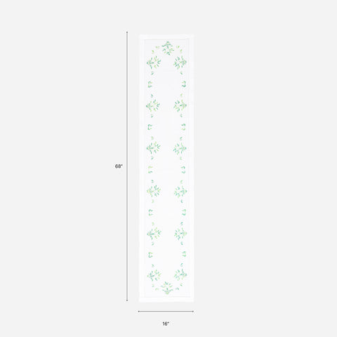 Dimension chart of a Bengal chikankari table runner measuring 68 x 16 inches, suitable for 4 to 6 seater dining tables