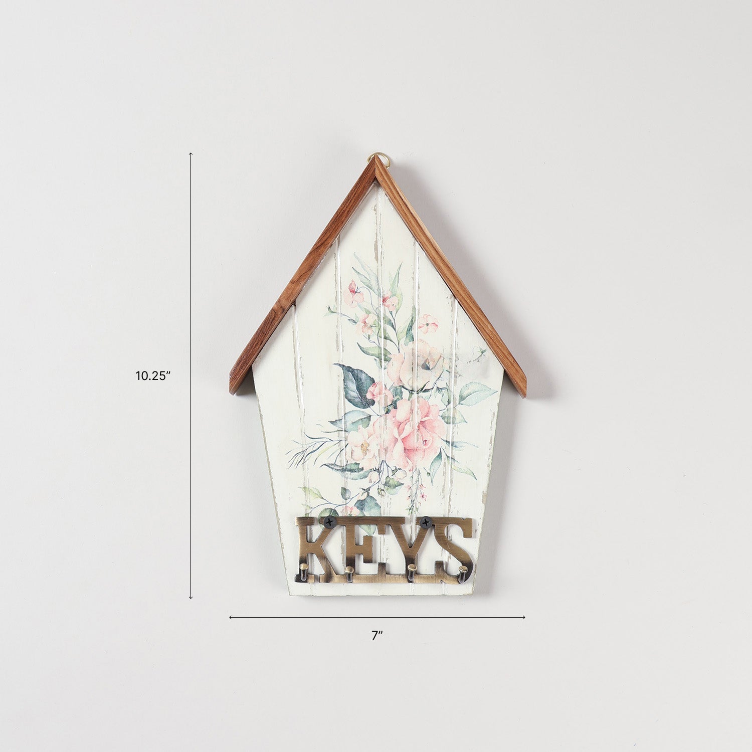 Size of handmade bamboo decoupage key holder showing dimensions of 10.25 x 7 inches for wall mounting