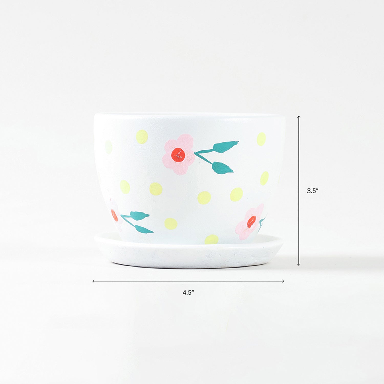 Pink blossom ceramic flower pot showing a size of 4.5 inches in diameter and 3.5 inches in height.
