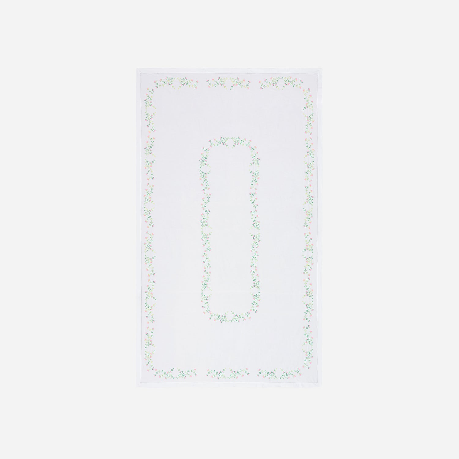 Full size cotton dining table cover with pink blossom embroidery and handcrafted cutwork border detailing