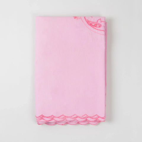 Folded pink cotton king-size bedcover showcasing dark pink chikankari hand embroidery and cotton texture