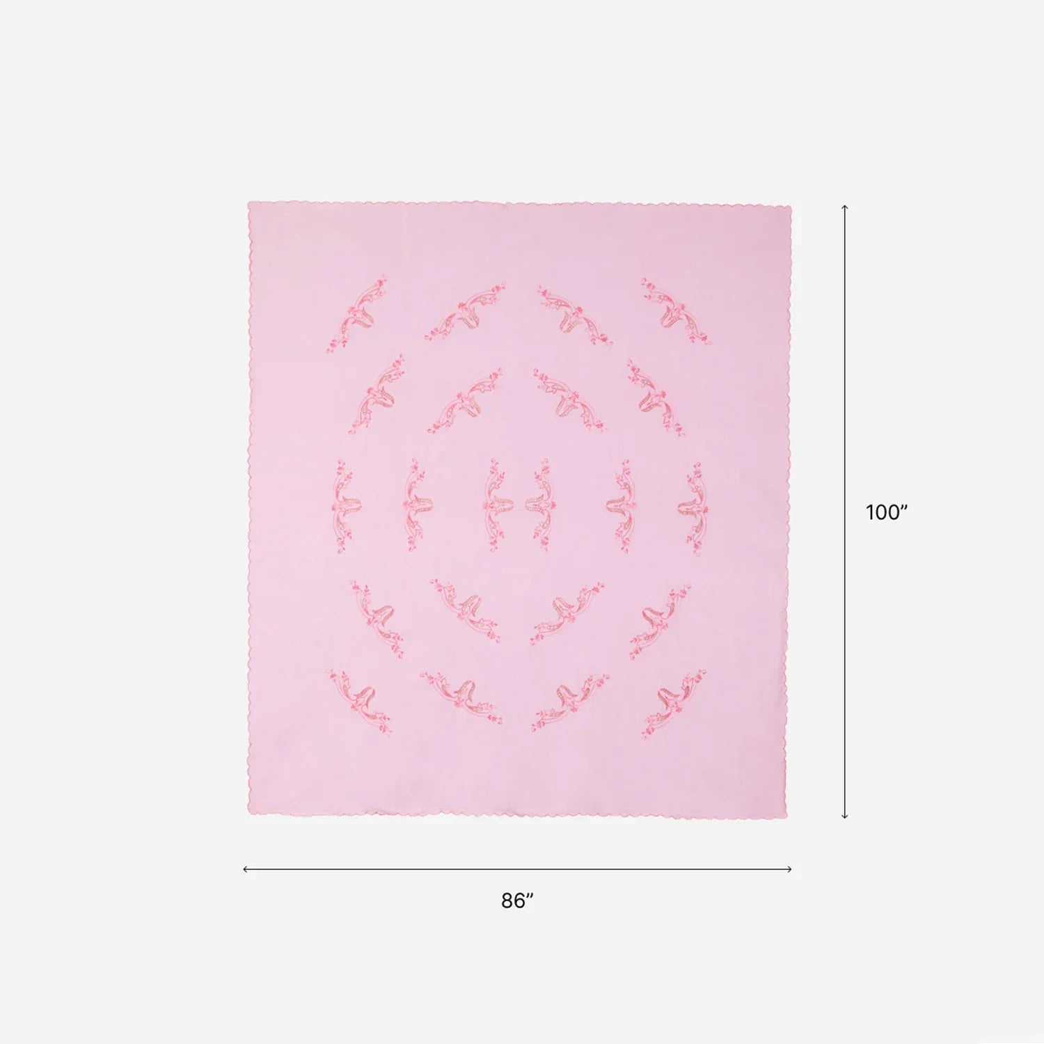 King size pink chikankari embroidered bedcover of 86 x 100 inches with two pillow cases dimension guide