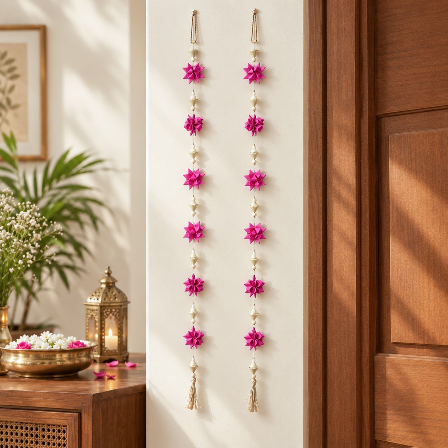 Pink floral hanging styled as festive entrance door décor
