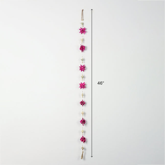 Dimensions of pink floral and pearl door hanging showing its approximate 46-inch length