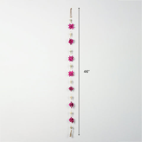 Dimensions of pink floral and pearl door hanging showing its approximate 46-inch length