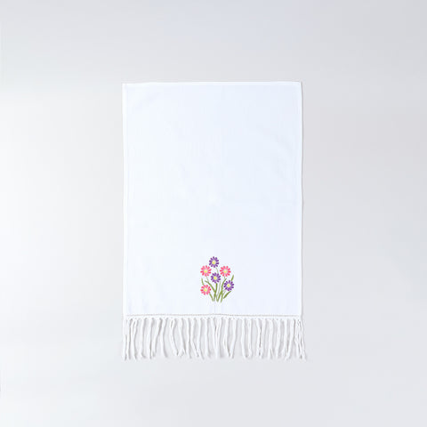 Full size white cotton kitchen hand towel featuring colourful daisy embroidery and handcrafted detailing