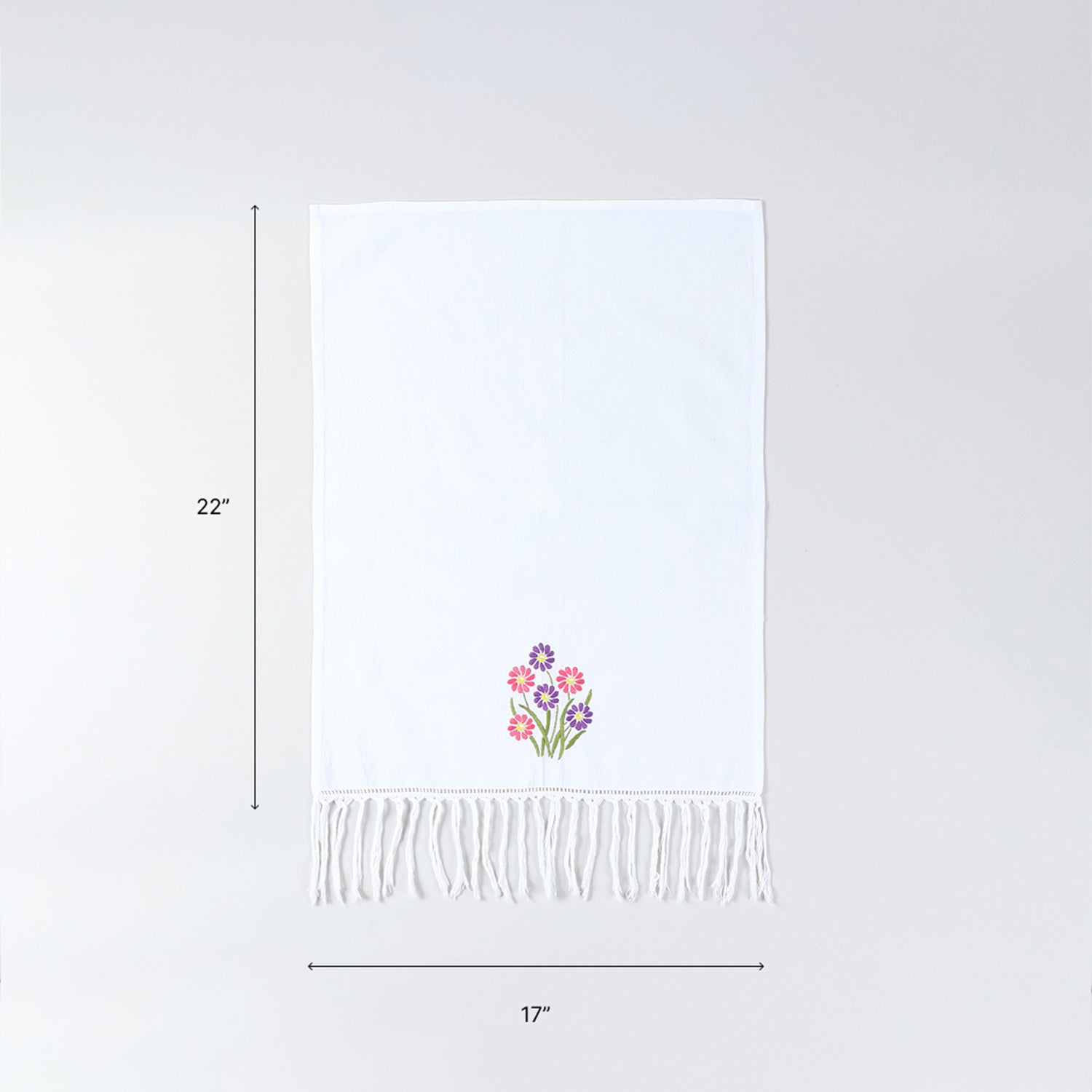 17x22 inch embroidered cotton kitchen towel size guide with floral daisy motif and tassel border
