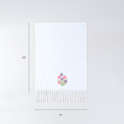 17x22 inch embroidered cotton kitchen towel size guide with floral daisy motif and tassel border