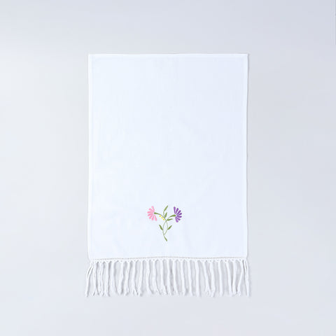Full size white cotton kitchen hand towel featuring floral chikankari embroidery and decorative tassel border