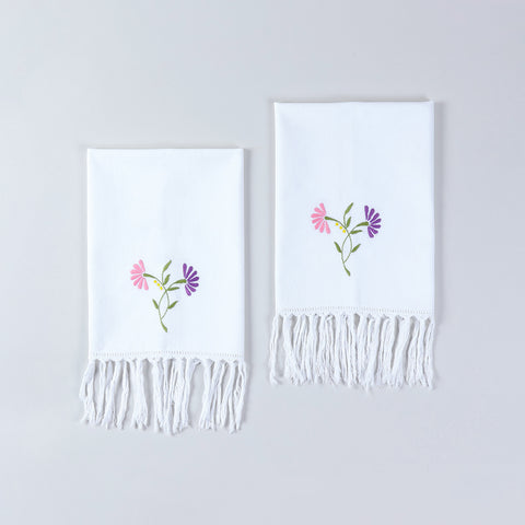 Set of two white cotton kitchen towels featuring pink and purple floral Bengal chikankari embroidery