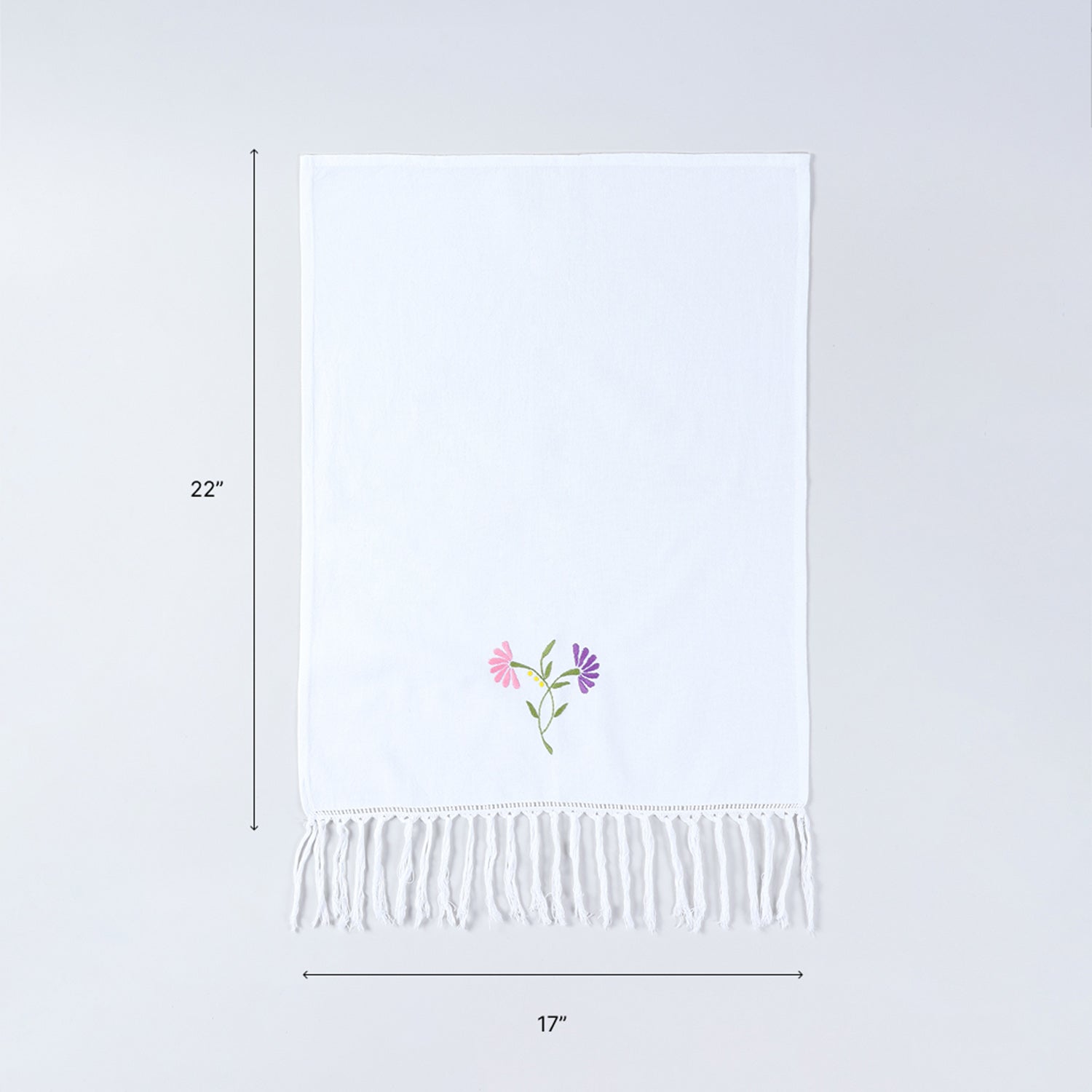 17x22 inch embroidered cotton kitchen towel size guide with floral embroidery and tasselled edging