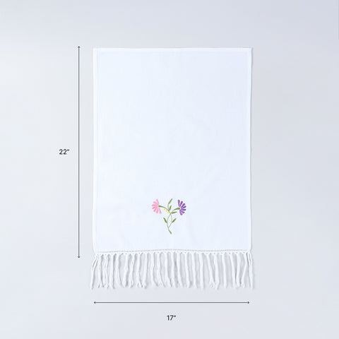 17x22 inch embroidered cotton kitchen towel size guide with floral embroidery and tasselled edging