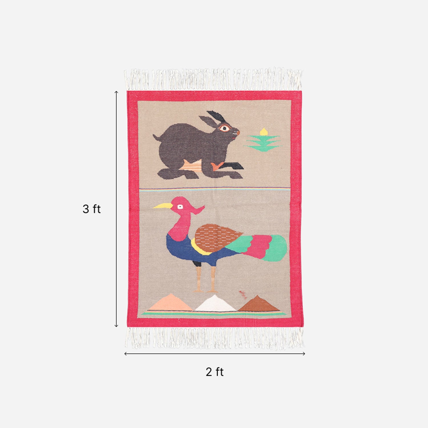 2 x 3 ft handwoven cotton rug size guide featuring rabbit and peacock motifs inspired by Indian folklore