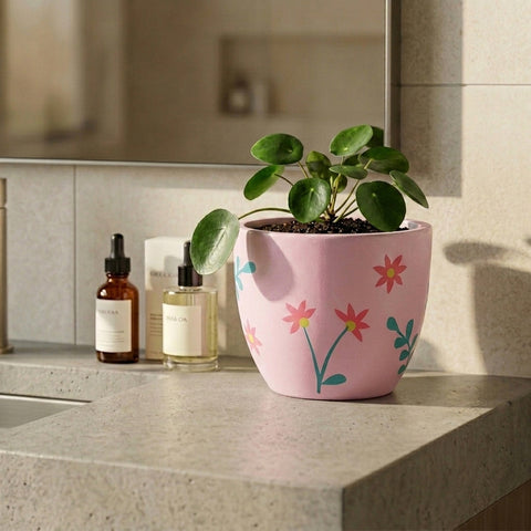 Pink scattered floral ceramic planter styled with greenery, creating a soft and elegant indoor decor look.
