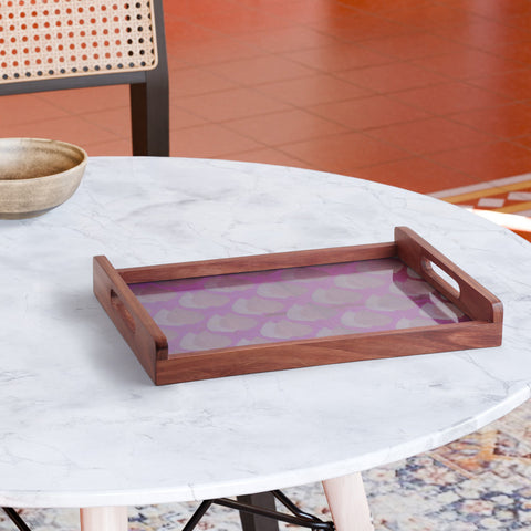 Rectangular sheesham wood serving tray with purple fabric and golden paisley motif, styled for festive serving and elegant home décor