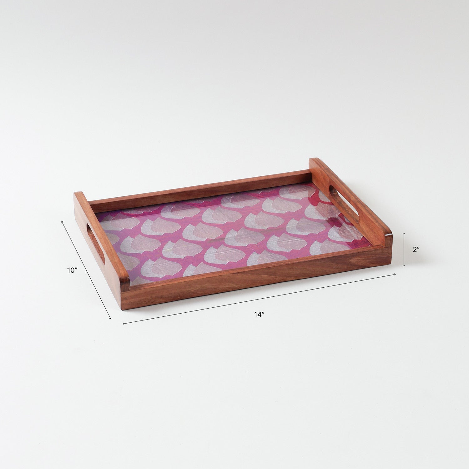 Size chart of rectangular wooden serving tray showing dimensions of 14 inches by 10 inches by 2 inches