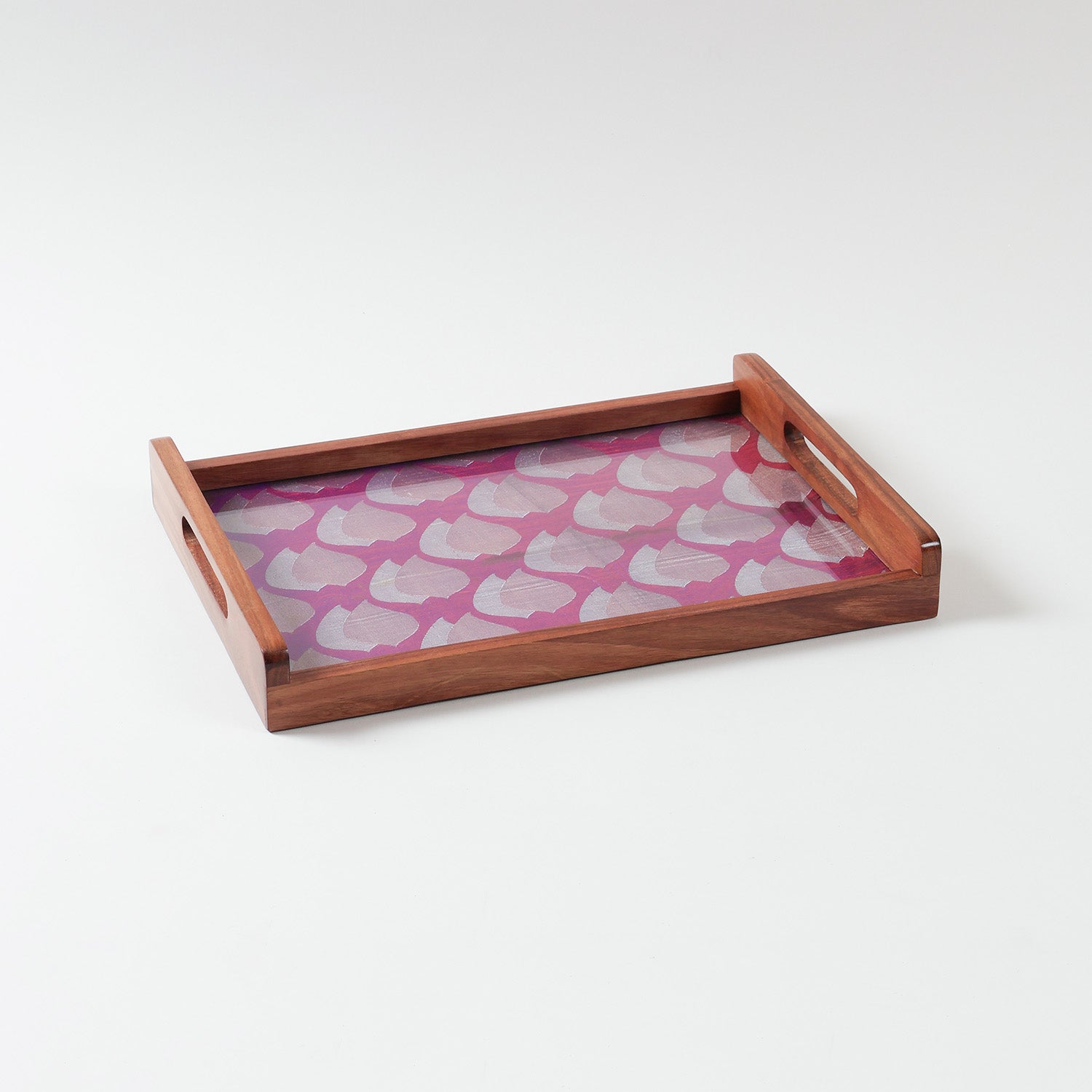 Empty rectangular sheesham wood serving tray with glass top shown on plain background highlighting structure and craftsmanship