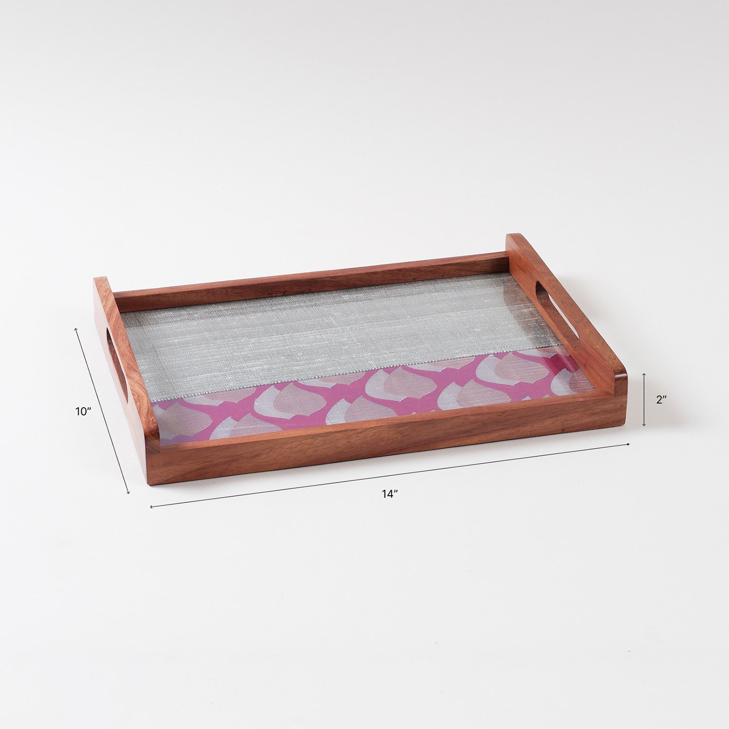 Size chart of rectangular wooden serving tray showing dimensions of 14 inches by 10 inches by 2 inches