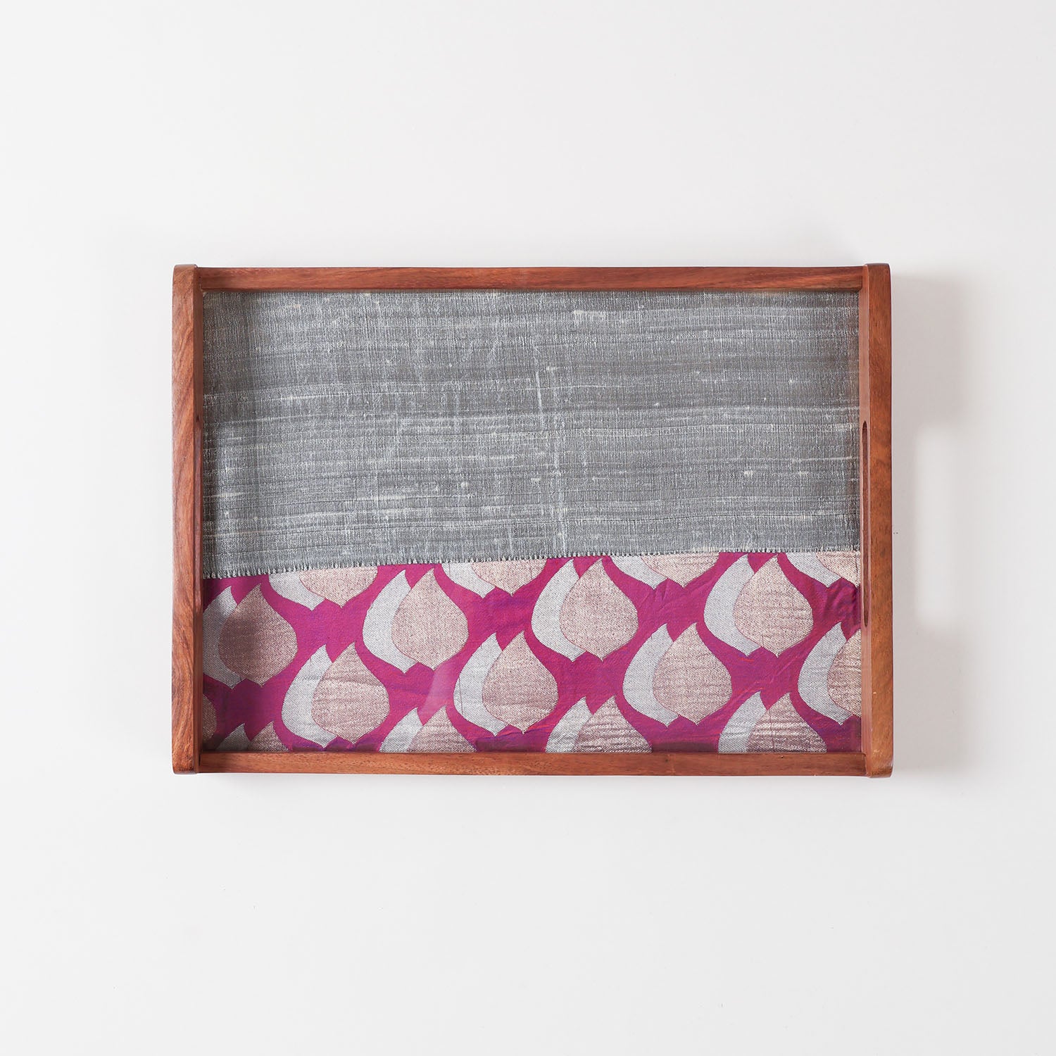  14x10 inch wooden serving tray with glass top and dual fabric design in purple and grey with golden paisley pattern on sheesham wood frame