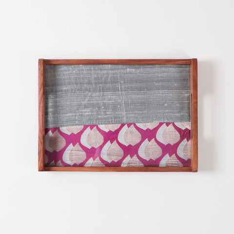  14x10 inch wooden serving tray with glass top and dual fabric design in purple and grey with golden paisley pattern on sheesham wood frame