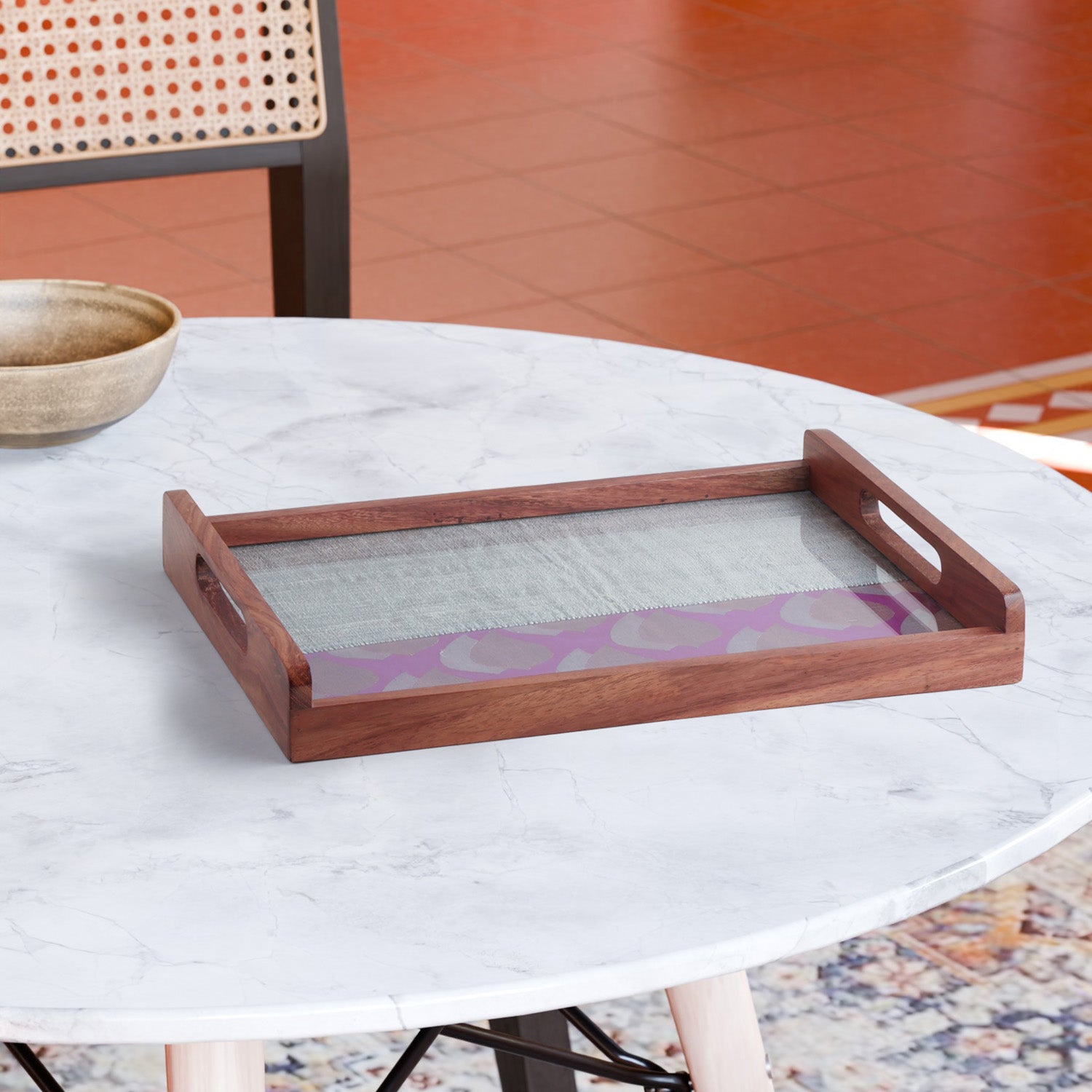 Rectangular sheesham wood serving tray with dual purple and grey chanderi fabric featuring golden paisley motifs, styled for festive home décor