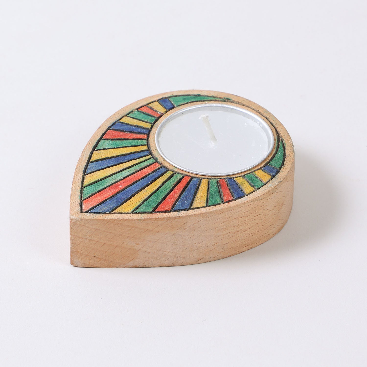 Handcarved rainbow raindrop wooden t-light holder showcasing its curved shape and colourful detailing