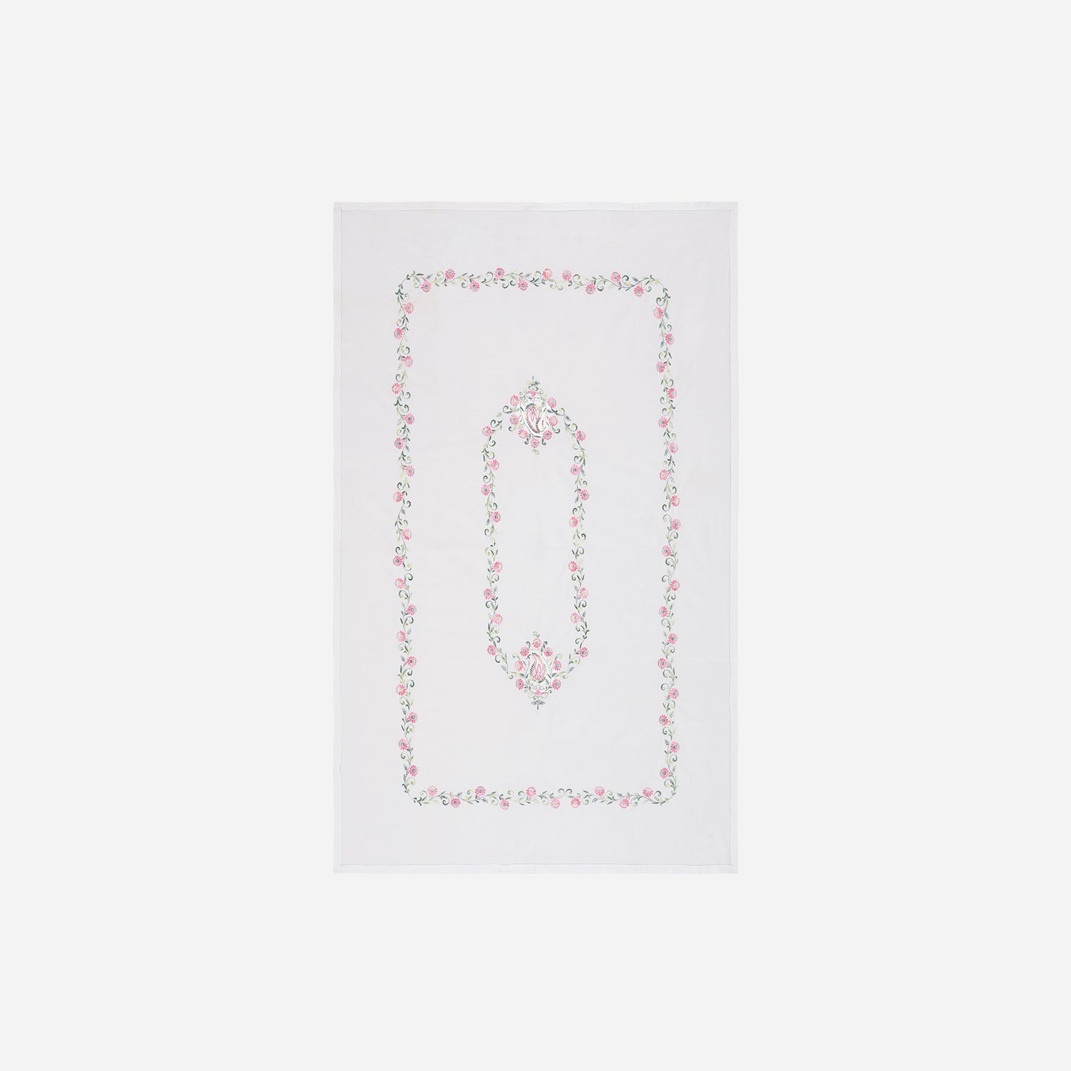 White cotton table cloth featuring Rangoon creeper floral embroidery and handcrafted cutwork detailing