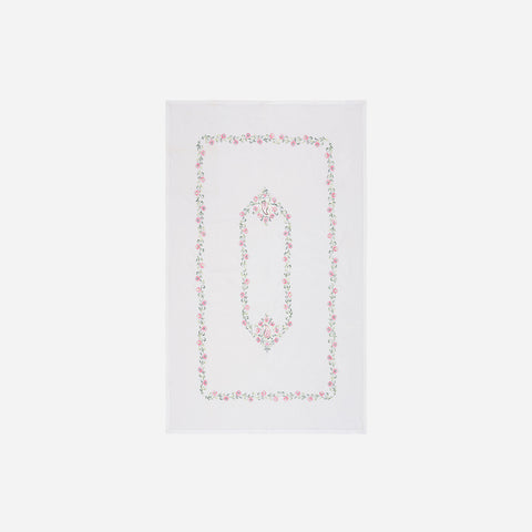 White cotton table cloth featuring Rangoon creeper floral embroidery and handcrafted cutwork detailing