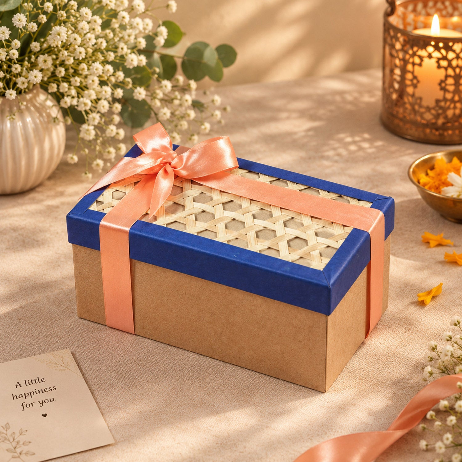 A rectangular gift hamper box with a natural bamboo lid filled with premium corporate gifts on a festive table setting.