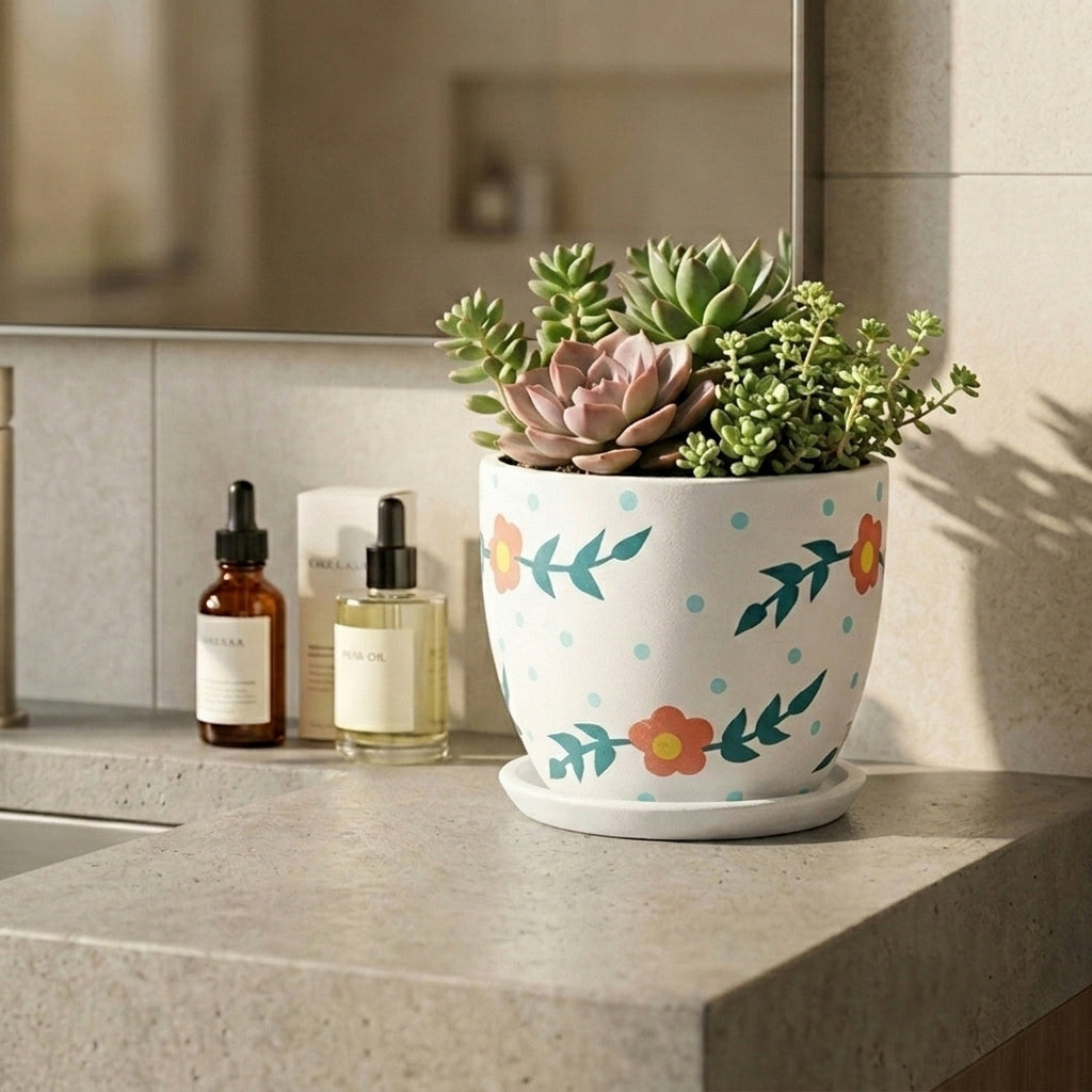 Hand-painted red floral ceramic planter styled as a vibrant bathroom decorative item.