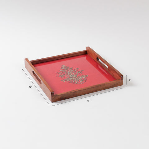  Size chart of square wooden serving tray showing dimensions of 12 inches by 12 inches by 2 inches