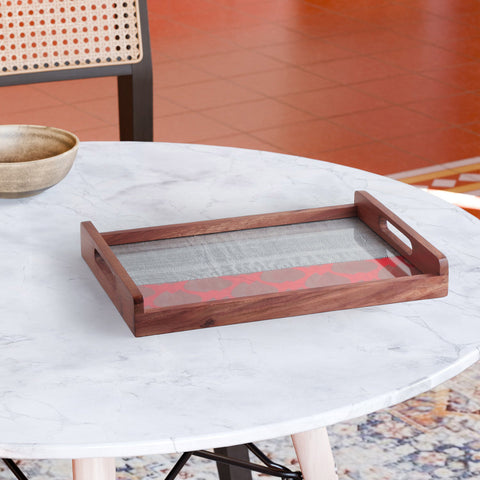 Rectangular sheesham wood serving tray with dual red and grey chanderi fabric featuring golden paisley motifs, styled for festive serving and home décor