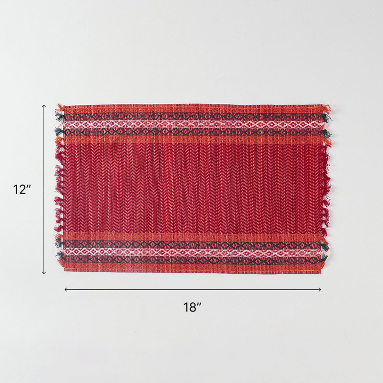 Size chart of red Madurkathi table placemats set showing placemat dimensions of 18 x 12 inches