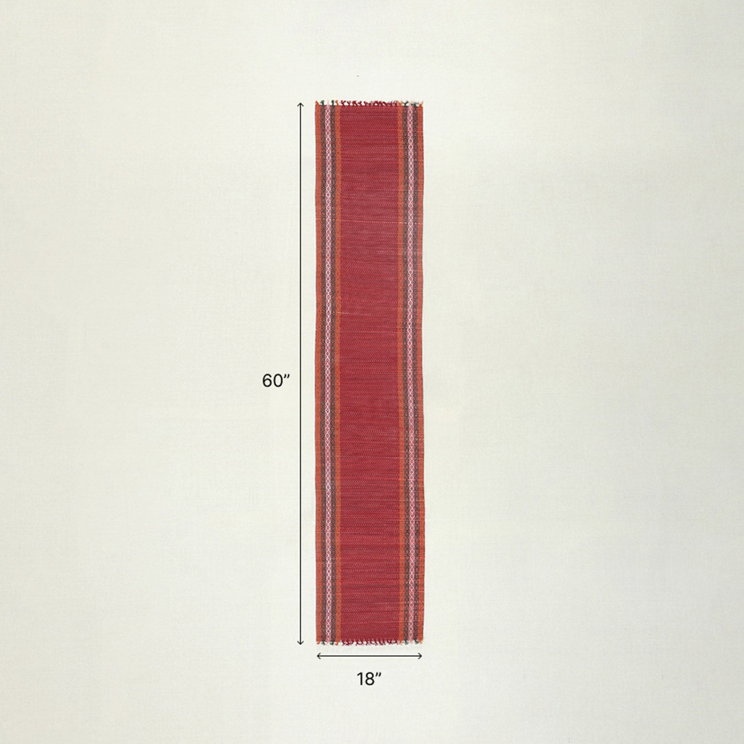 Size chart of red Madurkathi table runner showing dimensions of 12 x 60 inches, suitable for 4 to 6 seater dining tables