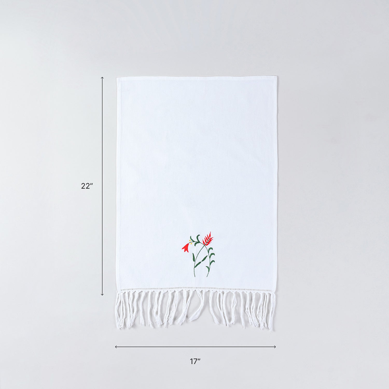 17x22 inch embroidered cotton kitchen towel size guide with floral handwork and tassel edge details