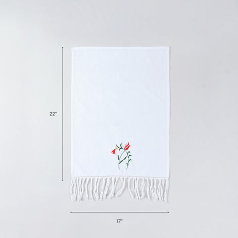 17x22 inch embroidered cotton kitchen towel size guide with floral handwork and tassel edge details