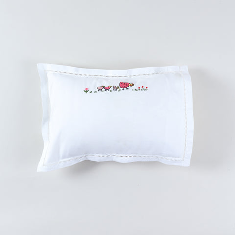 Kids pillow cover with colourful rooster with its family hand embroidery on a white cotton base from the handmade kids bedding collection
