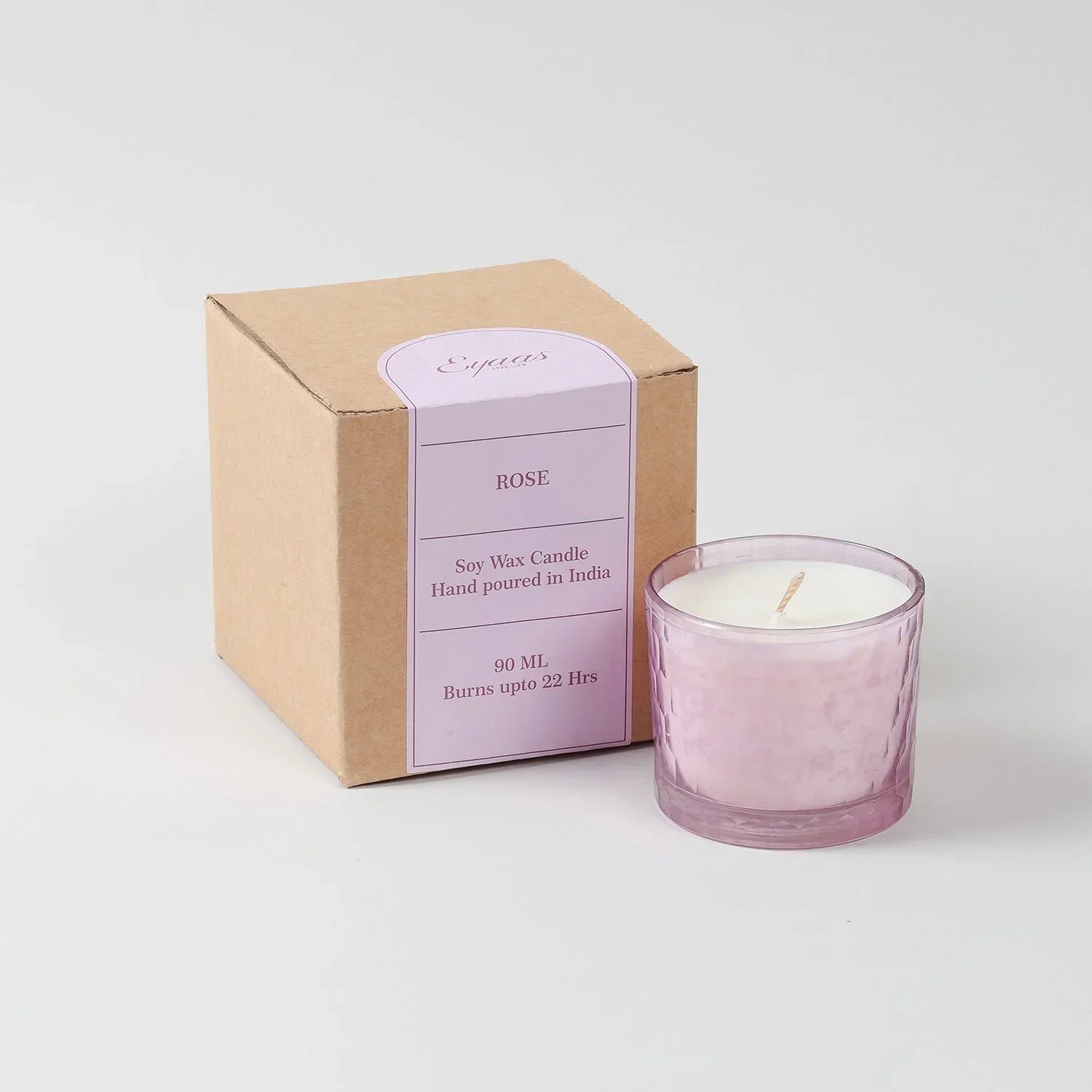 Rose scented soy wax candle in a chiseled glass holder presented with a gift box for gifting