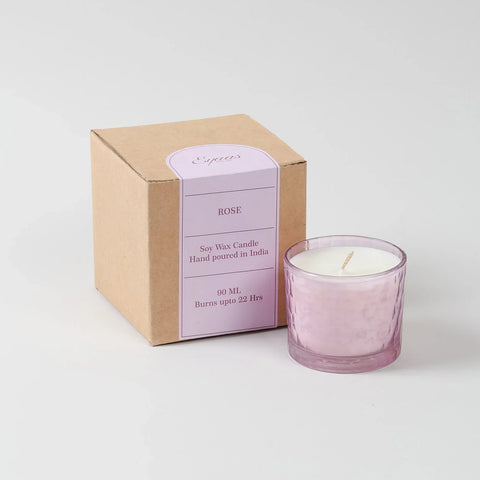 Rose scented soy wax candle in a chiseled glass holder presented with a gift box for gifting