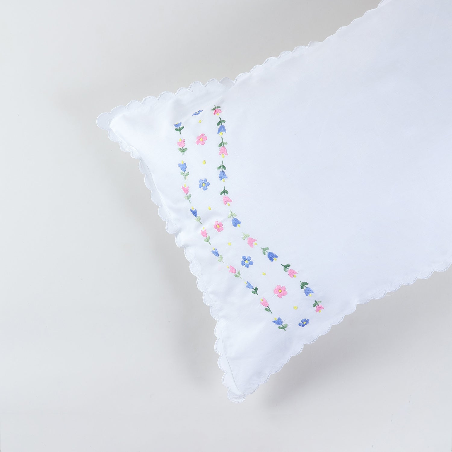 Close-up of pink and light blue rose vine embroidery showcasing Bengal chikankari handwork on cotton fabric