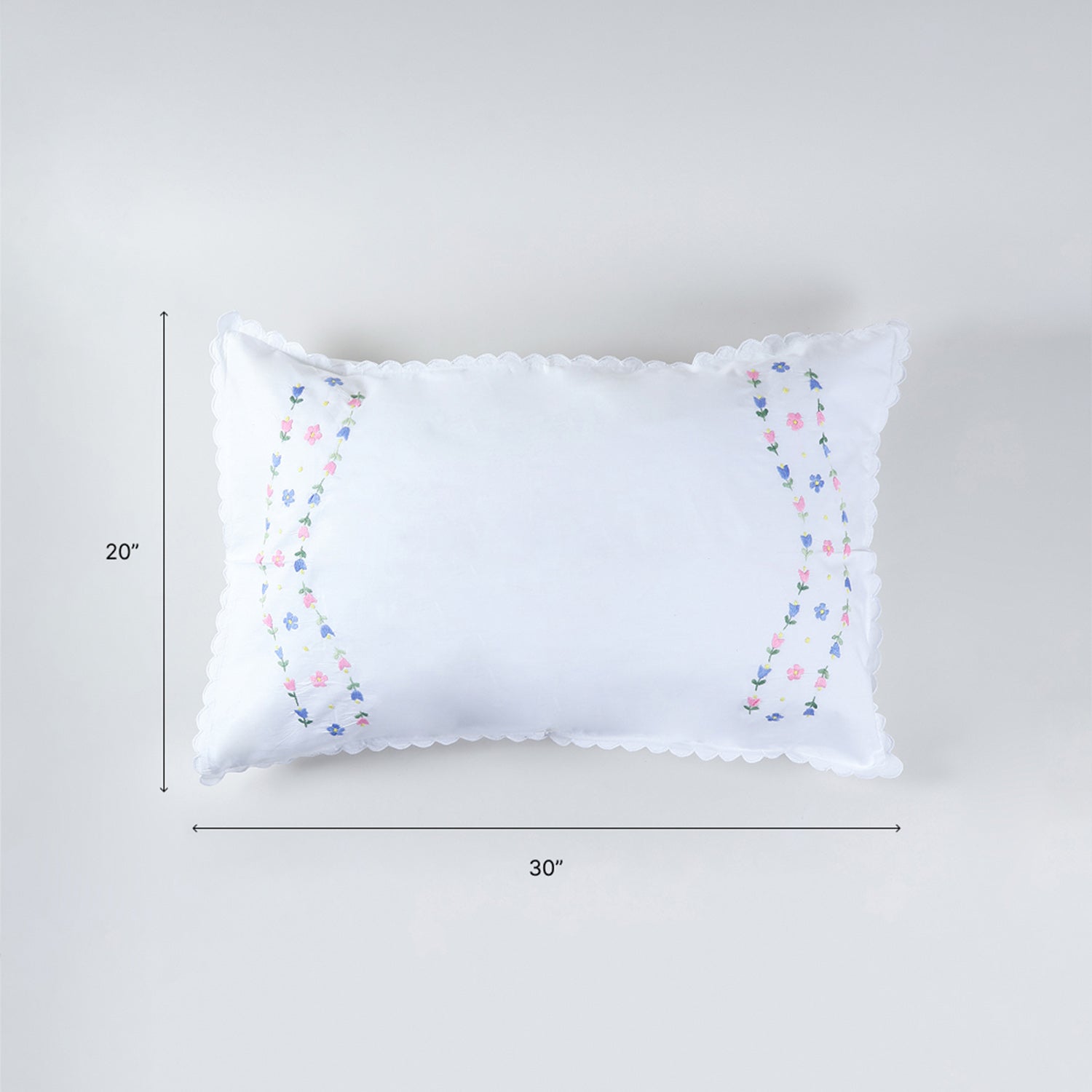 20x30 inch embroidered pillow case size guide with floral vine design and cotton fabric construction