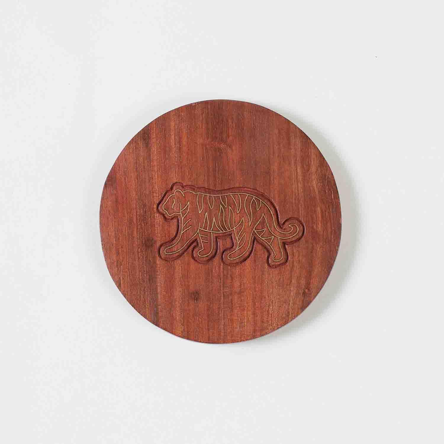 Single rosewood coaster featuring detailed tiger brass inlay, handcrafted using traditional Tarkashi techniques