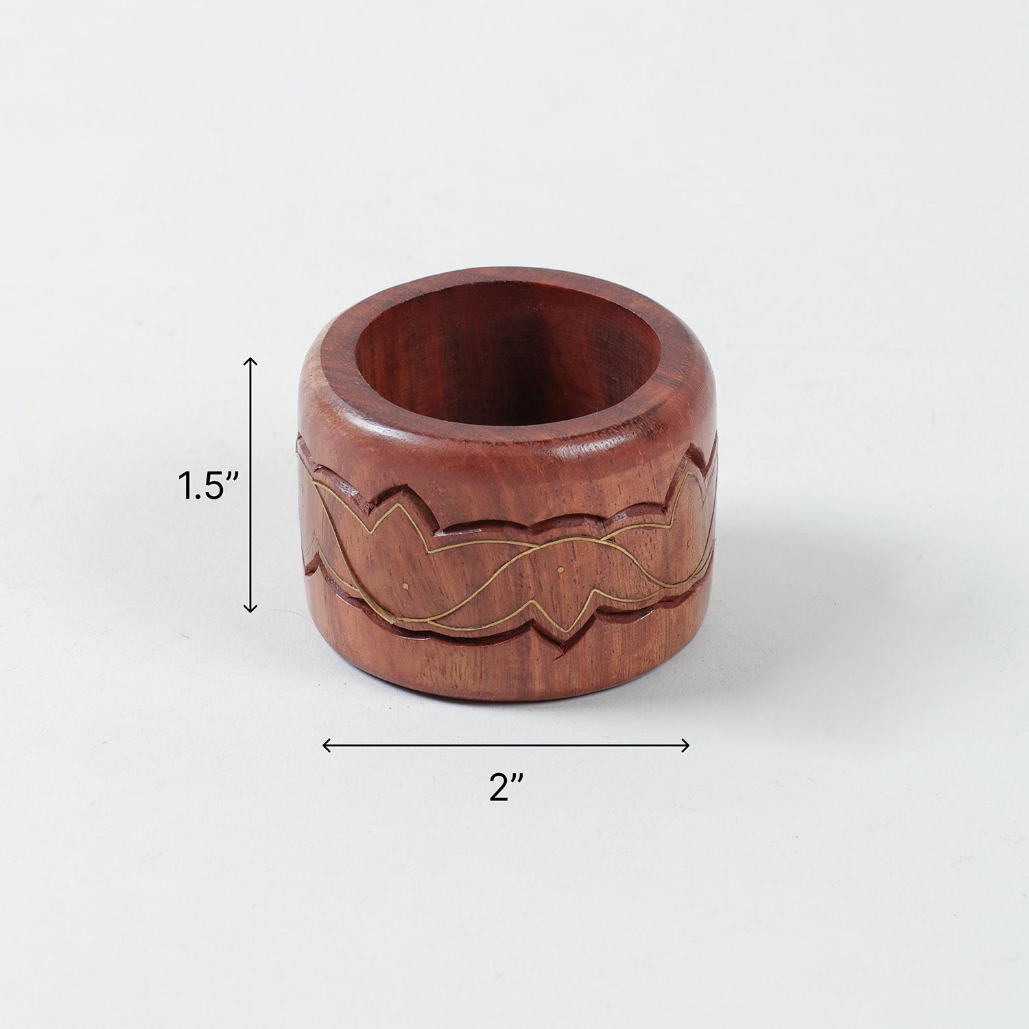 2 x 2 x 1.5 inch round wooden napkin ring size guide with lotus brass inlay design