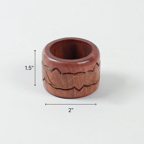 2 x 2 x 1.5 inch round wooden napkin ring size guide with lotus brass inlay design