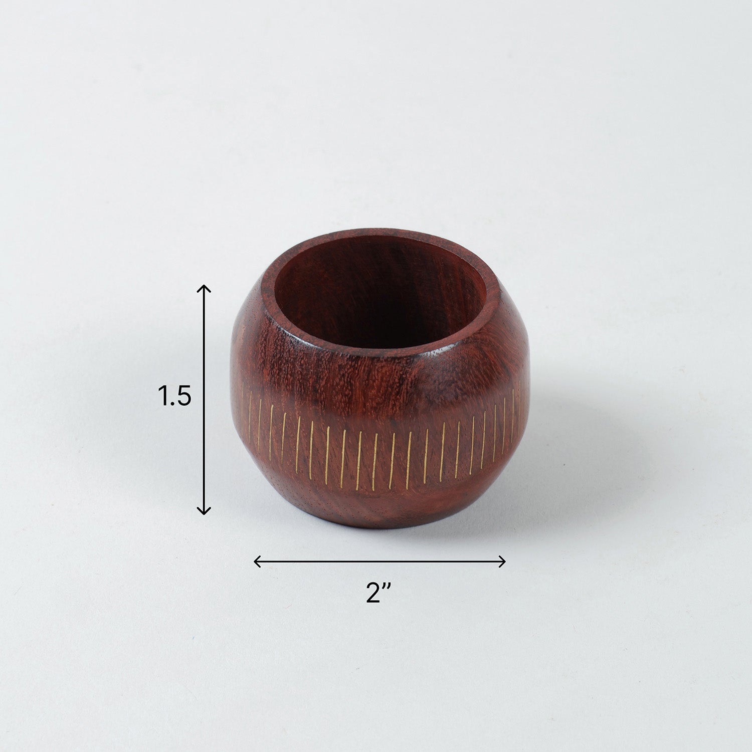 2 x 2 x 1.5 inch round wooden napkin ring size guide with railroad brass inlay design