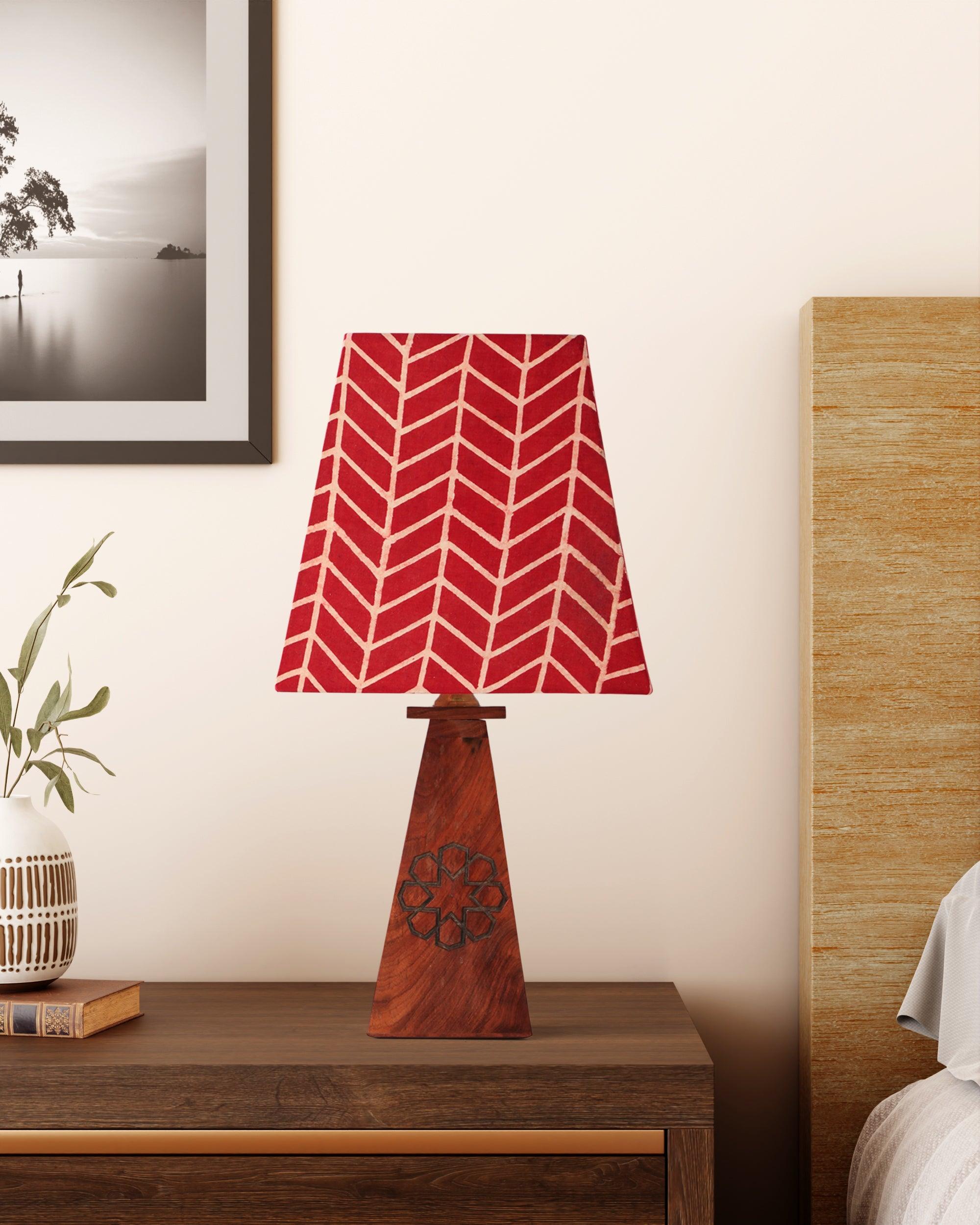 Rust Ajrakh hand block printed cotton lamp shade in a tapered square design - Eyaas