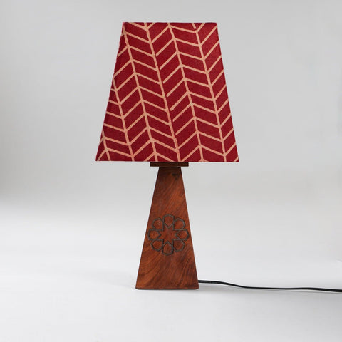 Front view of the rust cotton lamp shade with an Ajrakh zigzag block print - Eyaas