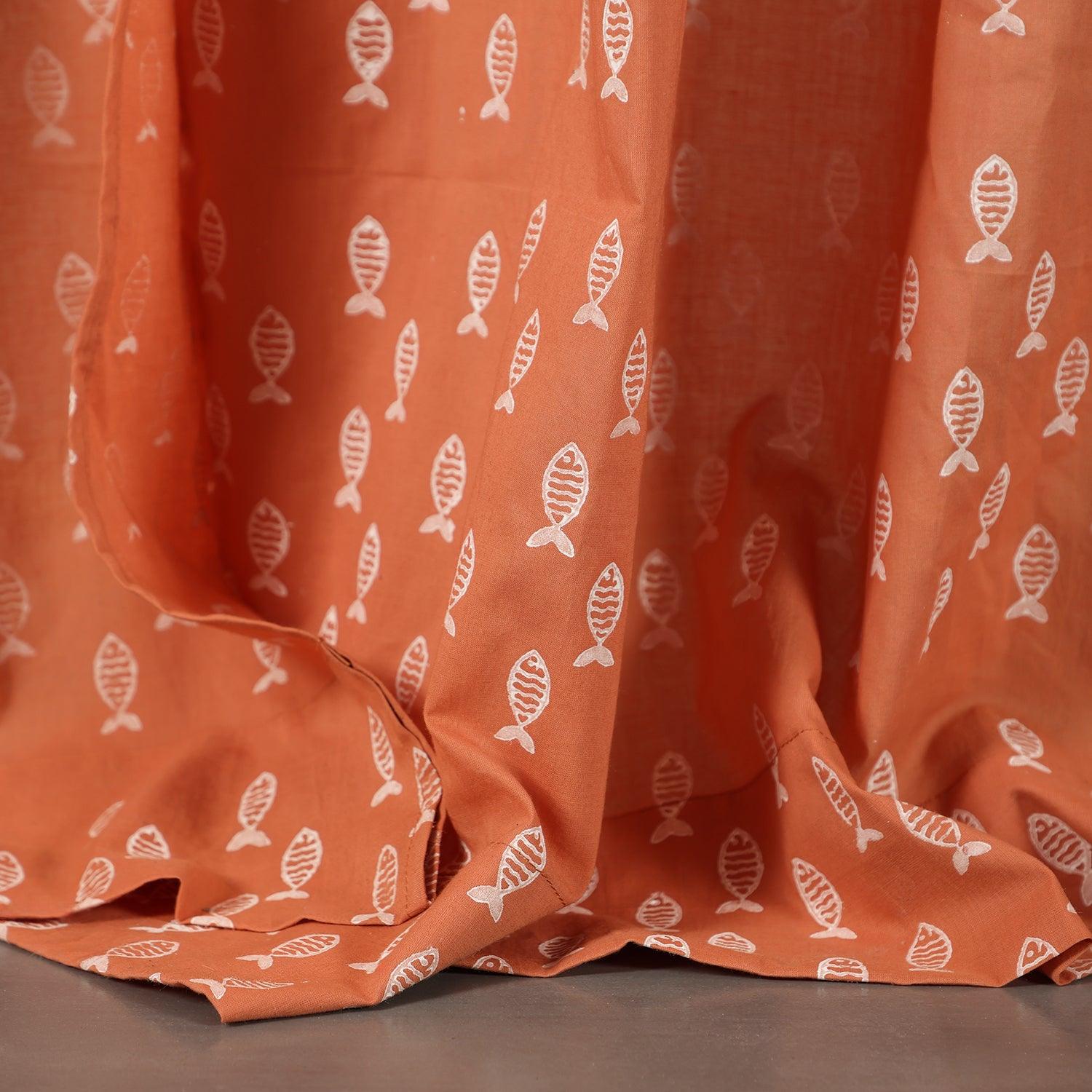 Rust fish block print mulmul cotton window curtain with handcrafted fish motifs.