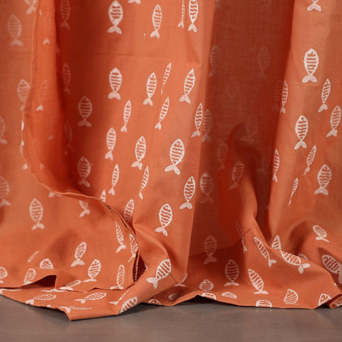 Rust fish block print mulmul cotton window curtain with handcrafted fish motifs.