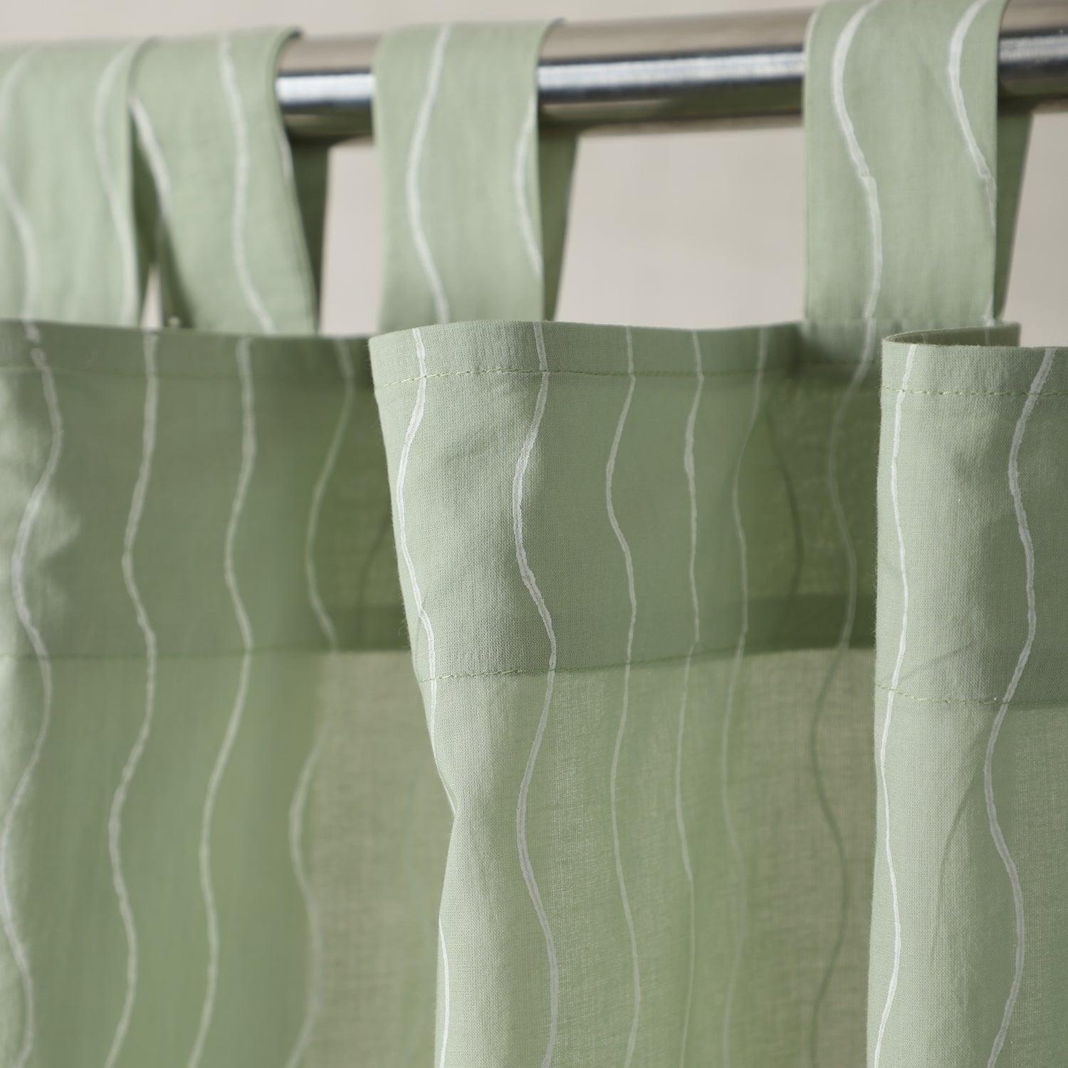 Sage green wave block print mulmul cotton window curtain with a handcrafted design and tab top loops